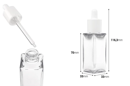 Plastična (PETG) četvrtasta providna bočica od 50mL sa belom pipetom-dimenzije_slike