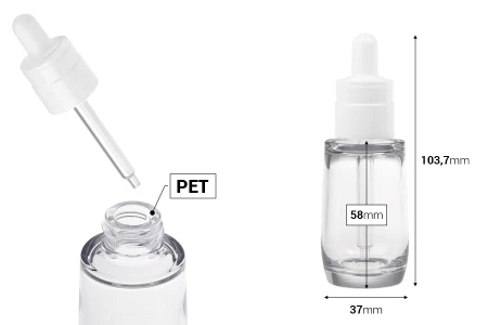 Plastična (PETG) providna bočica od 30 mL cilindričnog oblika sa belom pipetom-dimenzije_slike