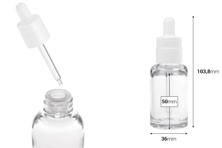 Providna plastična (PETG) bočica cilindričnog oblika od 30 mL sa belom pipetom-dimenzije_slike