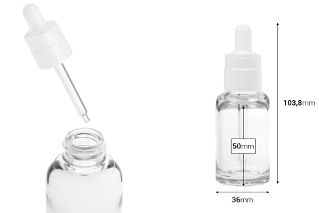 Providna plastična (PETG) bočica cilindričnog oblika od 30 mL sa belom pipetom-dimenzije_slike