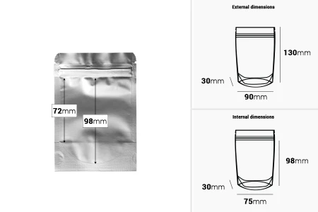 Aluminijumske DoyPack kesice sa zip zatvaranjem, ovalnim dnom i sa mogućnošću termo lepljenja 90x30x130 mm - 100 kom-dimenzije_slike