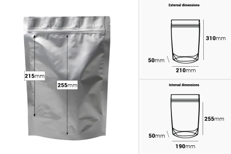Aluminijumske DoyPack kesice sa zip zatvaranjem, ovalnim dnom i sa mogućnošću termo lepljenja 210x50x310mm - 100kom-dimenzije_slike