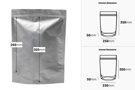 Aluminijumske DoyPack kesice sa zip zatvaranjem, ovalnim dnom i sa mogućnošću termo lepljenja 250x50x350mm - 100kom-dimenzije_slike