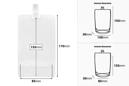 Providna DoyPack kesica za tečnost od 250ml sa belim plastičnim zatvaračem – 50 kom-dimenzije_slike