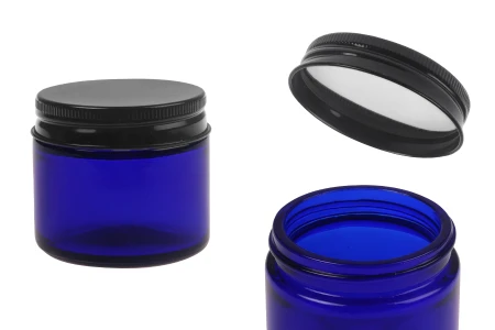 Plava staklena teglica od 60 mL sa crnim aluminijumskim zatvaračem i unutrašnjom zaptivkom-1