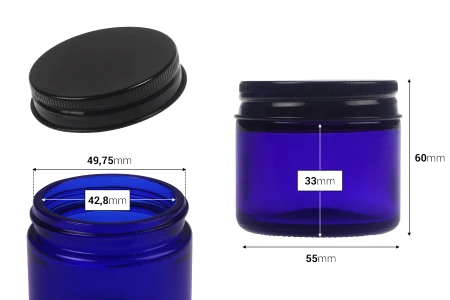 Plava staklena teglica od 60 mL sa crnim aluminijumskim zatvaračem i unutrašnjom zaptivkom-2