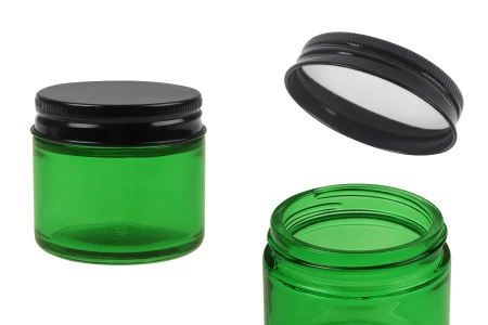 Zelena staklena teglica od 60 mL sa crnim aluminijumskim zatvaračem i unutrašnjom zaptivkom-1
