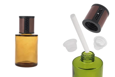 Staklena bočica od 120 mL - osveživač automobila sa braon/crnim zatvaračem, čepom i pamučnim štapićem-slika_proizvoda