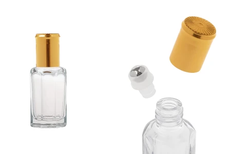 Roll-on staklena šestougaona bočica od 10 mL sa metalnom kuglicom i zlatnim zatvaračem-slika_proizvoda