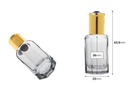 Roll-on staklena šestougaona bočica od 10 mL sa metalnom kuglicom i zlatnim zatvaračem sa dekorativnim kamenom-dimenzije_slike
