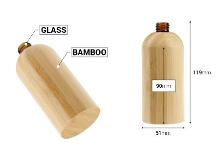 Staklena bočica za etarska ulja 100 mL sa PP18 grlom i presvlakom od bambusa-dimenzije_slike