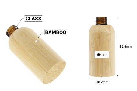 Staklena bočica za etarska ulja 30 mL sa PP18 grlom i presvlakom od bambusa-dimenzije_slike