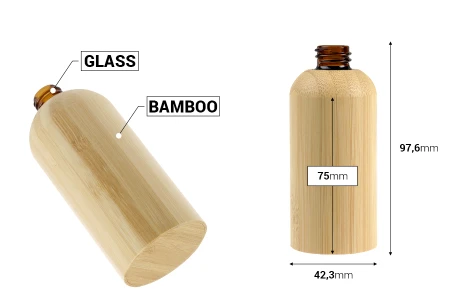Staklena bočica za etarska ulja 50 mL sa PP18 grlom i presvlakom od bambusa-dimenzije_slike