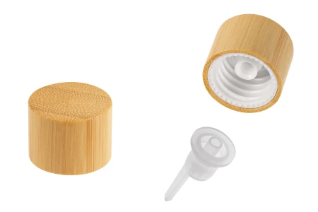 Plastični zatvarač sa presvlakom od bambusa i unutrašnjom kapaljkom za bočice sa PP18 grlom-slika_proizvoda