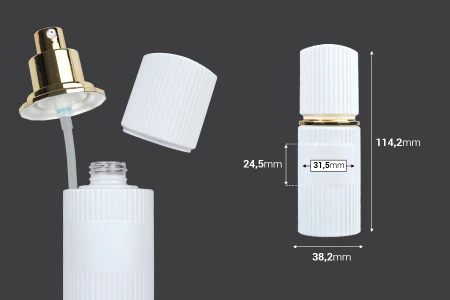 Staklena bočica 30 ml luksuzna bela mat sa poklopcem i zlatnom pumpicom za kremu-2