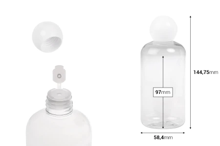 Plastična (PET) providna flašica 250 mL sa belim okruglim zatvaračem i čepom-dimenzije_slike
