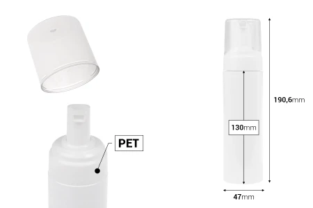 Plastična (PET) bela bočica od 200 mL sa belom pumpicom za penu i poklopcem-dimenzije_slike