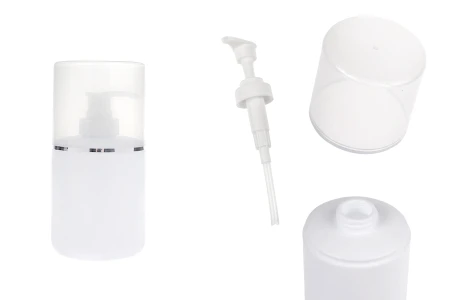 Plastična (HDPE) bela boca od 300 mL sa pumpicom za kremu i providnim poklopcem sa srebrnom linijom-slika_proizvoda