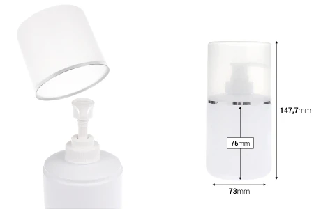 Plastična (HDPE) bela boca od 300 mL sa pumpicom za kremu i providnim poklopcem sa srebrnom linijom-dimenzije_slike