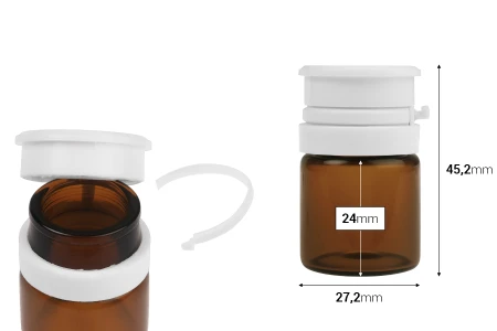 Staklena bočica od 10mL u providnoj ili karamel boji, sa belim sigurnosnim poklopcem (PP24) za lekove i homeopatske proizvode-dimenzije_slike