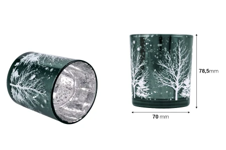 Божићни декоративни стаклени свећњак са снежним дрвећем (без поклопца) у зеленој боји-dimenzije_slike