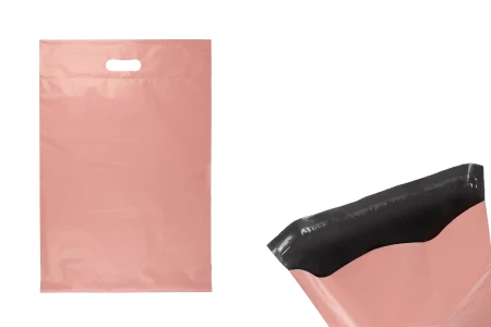 Kurirske vodootporne PE transportne kese 350x450 mm roze boje, sa samolepljivim zatvaranjem i ručkom - 100 kom-1