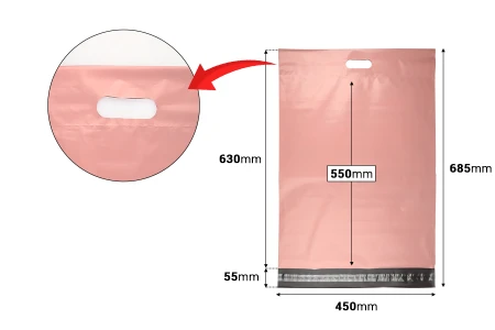 Kurirske vodootporne PE transportne kese 450x550 mm roze boje, sa samolepljivim zatvaranjem i ručkom - 100 kom-dimenzije_slike