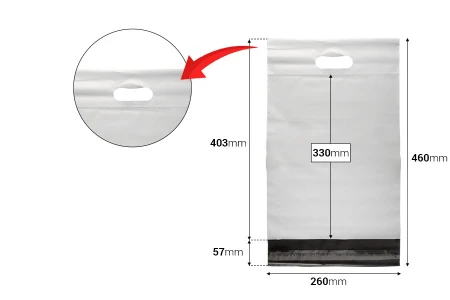 Kurirske vodootporne PE transportne kese 260x330 mm bele boje, sa samolepljivim zatvaranjem i ručkom - 100 kom-dimenzije_slike