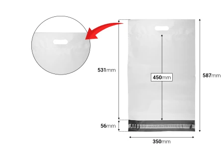 Kurirske vodootporne PE transportne kese 350x450 mm bele boje, sa samolepljivim zatvaranjem i ručkom - 100 kom-dimenzije_slike