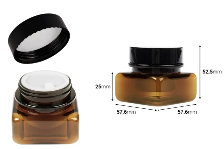 Četvrtasta plastična karamel teglica 30 mL sa duplim dnom, plastičnim međupoklopcem i zatvaračem-dimenzije_slike