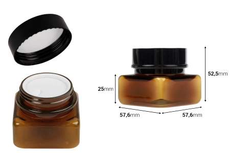 Četvrtasta plastična karamel teglica 50 mL sa duplim dnom, plastičnim međupoklopcem i zatvaračem-dimenzije_slike