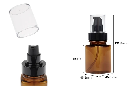 Četvrtasta plastična karamel bočica 100 mL sa crnom pumpicom za kreme i providnim poklopcem-dimenzije_slike