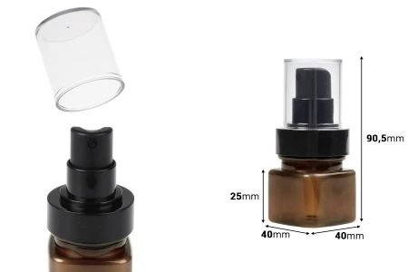 Četvrtasta plastična karamel bočica 30 mL sa crnim sprejom i providnim poklopcem-dimenzije_slike