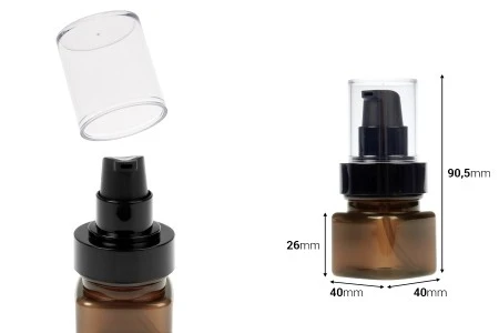 Četvrtasta plastična karamel bočica 30 mL sa crnom pumpicom za kreme i providnim poklopcem-dimenzije_slike