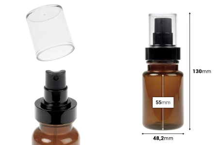 Cilindrična plastična karamel bočica 100 mL sa crnim sprejom i providnim poklopcem-dimenzije_slike