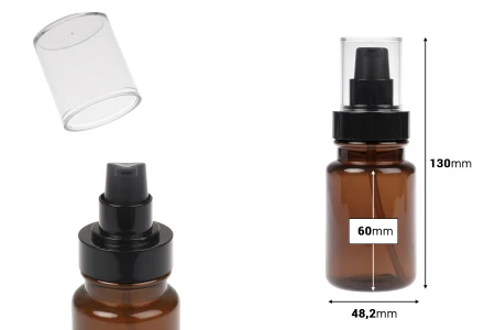 Cilindrična plastična karamel bočica 100 mL sa crnom pumpicom za kreme i providnim poklopcem-dimenzije_slike