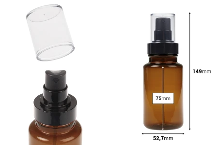 Cilindrična plastična karamel bočica 160 mL sa crnim sprejom i providnim poklopcem-dimenzije_slike
