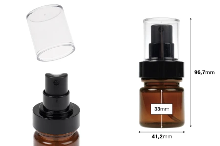 Cilindrična plastična karamel bočica 40 mL sa crnim sprejom i providnim poklopcem-dimenzije_slike