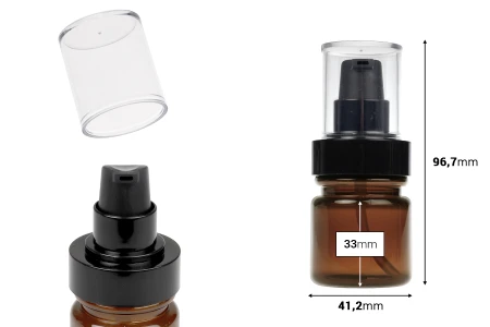 Cilindrična plastična karamel bočica 40 mL sa crnom pumpicom za kreme i providnim poklopcem-dimenzije_slike