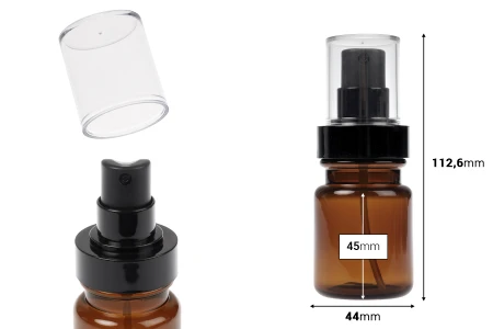 Cilindrična plastična karamel bočica 60 mL sa crnim sprejom i providnim poklopcem-dimenzije_slike