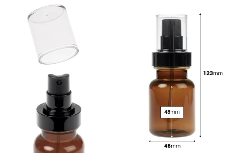 Cilindrična plastična karamel bočica 80 mL sa crnim sprejom i providnim poklopcem-dimenzije_slike