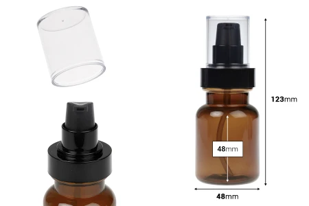 Cilindrična plastična karamel bočica 80 mL sa crnom pumpicom za kreme i providnim poklopcem-dimenzije_slike