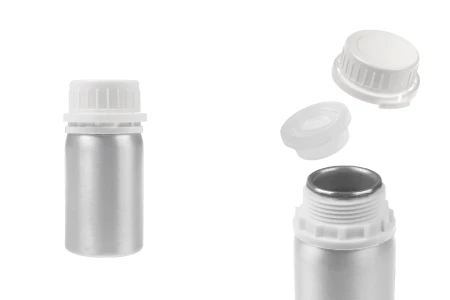 Aluminijumska bočica od 50 mL za čuvanje esencija, parfema i alkoholnih rastvora sa čepom i plastičnim belim zaštitnim zatvaračem-1