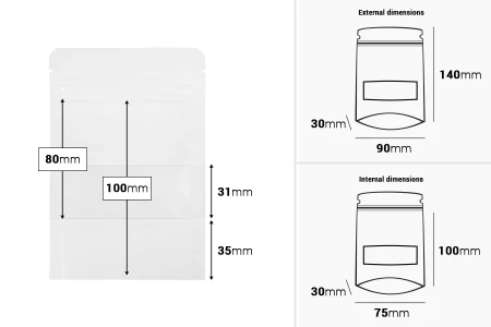 Kraft DoyPack  90x30x140mm kesice u beloj boji sa zip zatvaranjem, prozorom, ovalnim dnom i sa mogućnošću termo zatvaranja - 100kom-dimenzije_slike