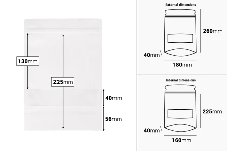 Kraft DoyPack kesice u beloj boji sa zip zatvaranjem  180x40x260mm , prozorom, ovalnim dnom i sa mogućnošću termo zatvaranja- 100kom-dimenzije_slike
