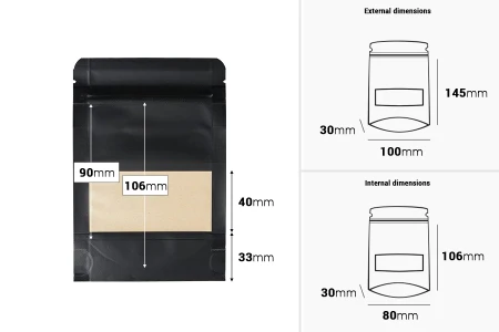 Kraft kese tipa Doypack 100x30x145 mm, sa zip zatvaračem, prozorom i mogućnošću toplotnog zatvaranja - 100 kom-dimenzije_slike