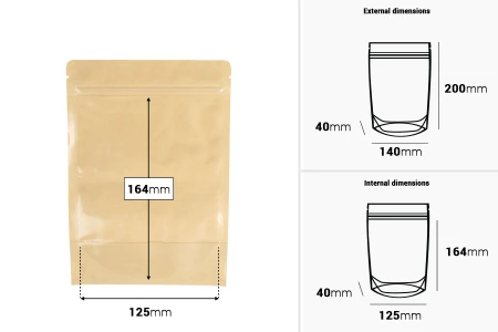 Kraft (14c) DoyPack kesice 140x40x200mm sa providnom prednjom stranom (8c), zip zatvaranjem i mogućnošću termo zatvaranja – 100 kom-dimenzije_slike