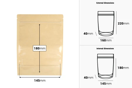 Kraft (14c) DoyPack kesice 160x40x220mm sa providnom prednjom stranom (8c), zip zatvaranjem i mogućnošću termo zatvaranja – 100 kom-dimenzije_slike