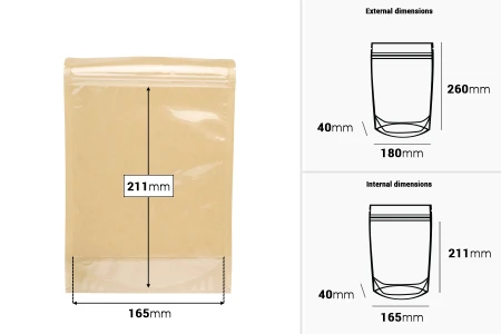 Kraft (14c) DoyPack kesice 180x40x260mm sa providnom prednjom stranom (8c), zip zatvaranjem i mogućnošću termo zatvaranja – 100 kom-dimenzije_slike