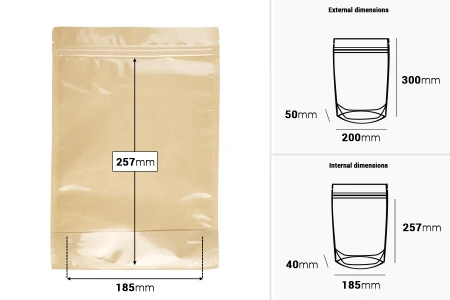 Kraft (14c) DoyPack kesice 200x50x300mm sa providnom prednjom stranom (8c), zip zatvaranjem i mogućnošću termo zatvaranja – 100 kom-dimenzije_slike